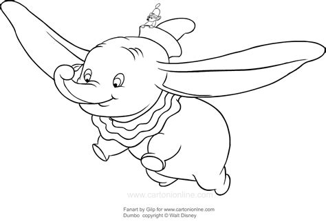 Drawing Dumbo flying with his feather coloring page