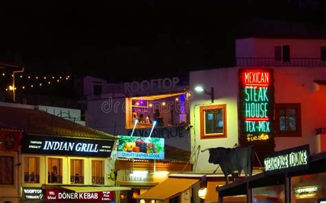 Nightlife in Albufeira at the Algarve in Portugal with Illuminated Bars Clubs and Restaurants ...