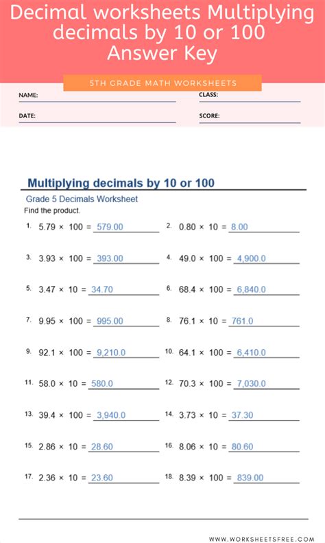 Decimal worksheets Multiplying decimals by 10 or 100 For Grade 5 Answer Key | Worksheets Free