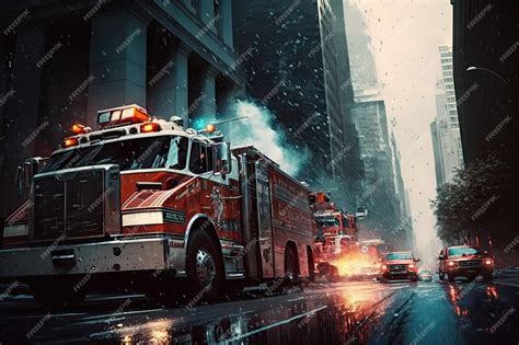 Premium AI Image | Fire truck racing through the busy downtown sirens ...