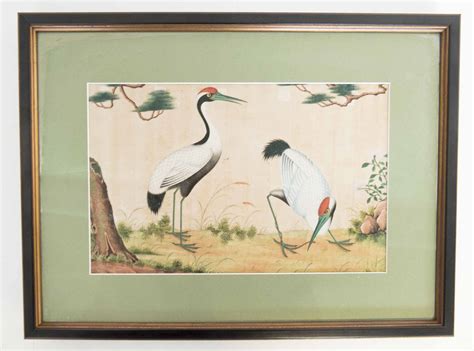 CHINESE RICE PAPER PAINTINGS, a pair, of cranes and pheasants, circa 1820, 30cm x 40cm. (2)