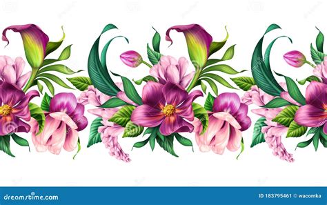 Seamless Border, Botanical Illustration, Beautiful Tropical Flowers, Floral Clip Art, Isolated ...