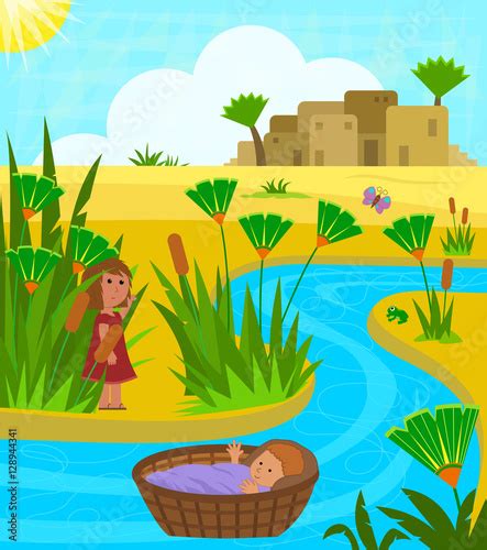 Baby Moses In Basket - Cute illustration of baby Moses on the Nile river with his sister ...