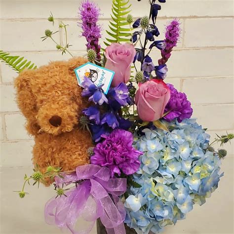 Big Hug Vase of Purples with Plush Stuffie | Reynolds Flowers, Middleboro Florist | Same Day ...