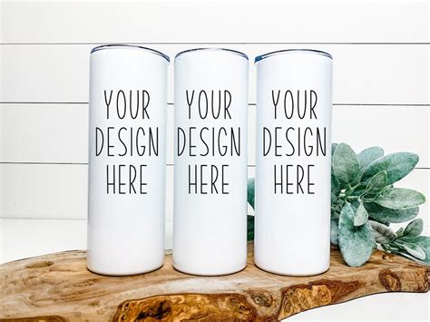 Skinny Tumbler Mockup Set of 3 Thermal Cups White No Straw Wrap Around ...