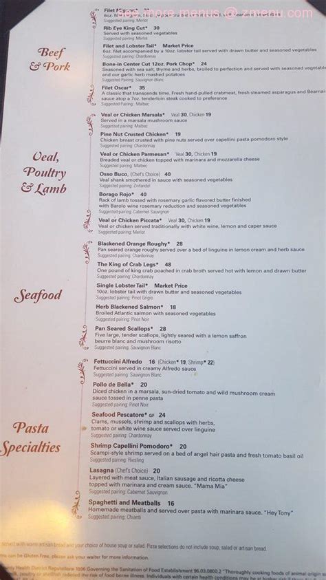 Menu at Vineyard Restaurant, Laughlin