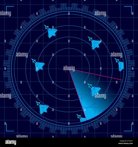 Blue radar screen detecting a group of military aircraft flying in formation - Vector image ...