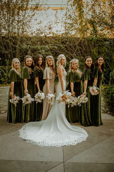 Olive green (velvet) bridal party | Green wedding dresses, Olive green ...