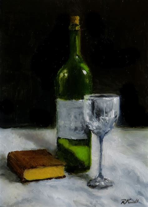 Original Still Life oil painting on panel. Realistic Wine bottle, Glass, Book. | Oil painting ...