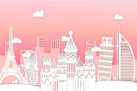 Free Vector | Landmarks skyline in pink and white paper style