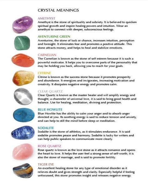 Chart Of Healing Stones And Their Meaning