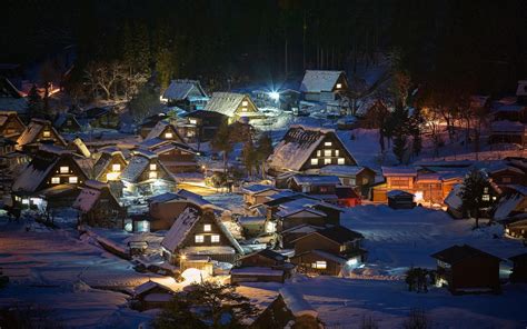 landscape, Nature, Village, Lights, Japan, Snow, Winter, Night, Trees, House, Shirakawa go ...