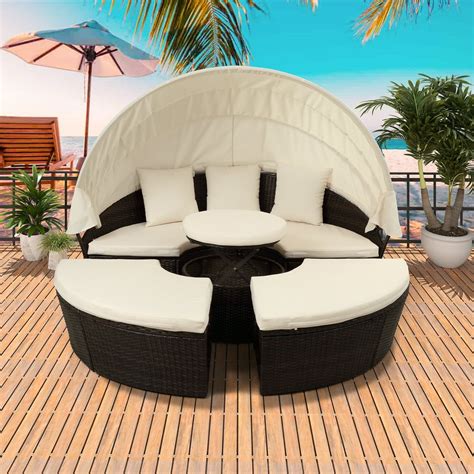 Patio Daybed, 5 Piece Patio Furniture Sets, Round Wicker Daybed with Retractable Canopy, All ...