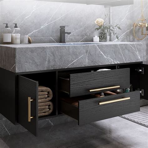 Modern 39" Floating Black Bathroom Vanity Stone Top Wall Mounted Bathroom Cabinet | Homary ...