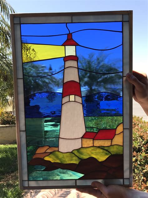 Atlantic Ocean Lighthouse Leaded Stained Glass Window Panel - StainedGlassWindows.com