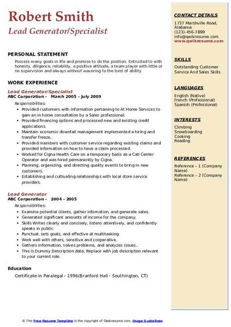 Lead Generator Resume Samples | QwikResume