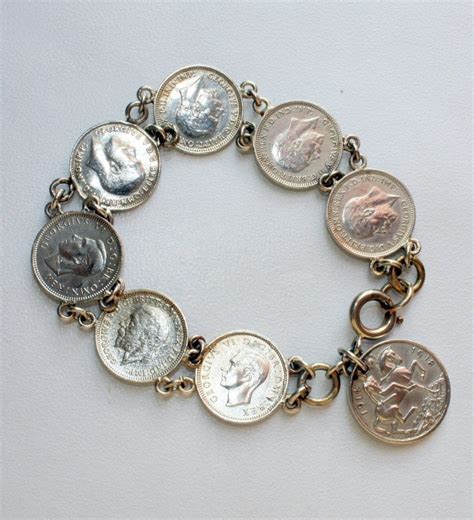 Vintage Coin Bracelet Sterling Silver English Antique Three