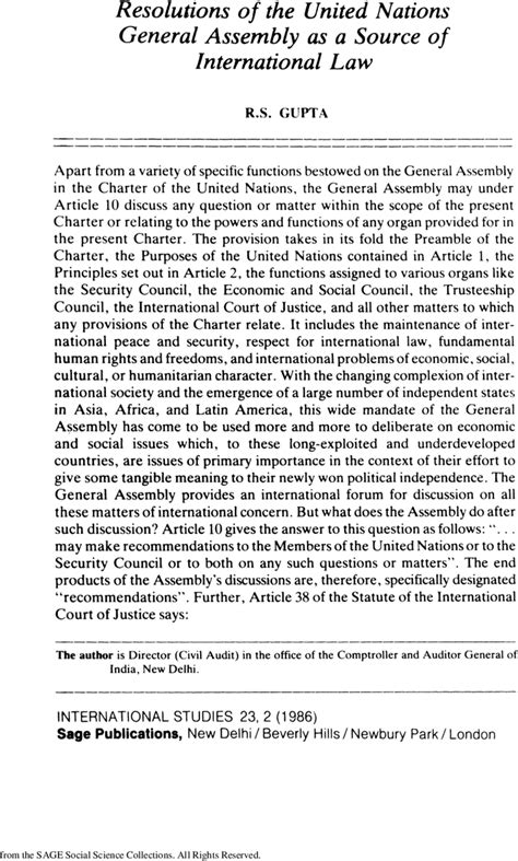 Resolutions of the United Nations General Assembly as a Source of International Law - R. S ...