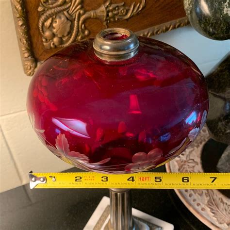Vintage 14 3/4" Cranberry Cut Grape & Vine Oil Lamp Marble Base & Brass Collar | eBay