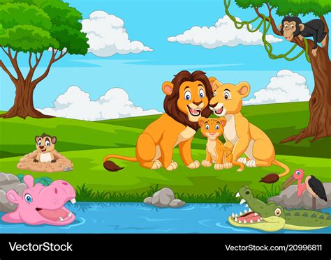 Cartoon lion family in the jungle Royalty Free Vector Image