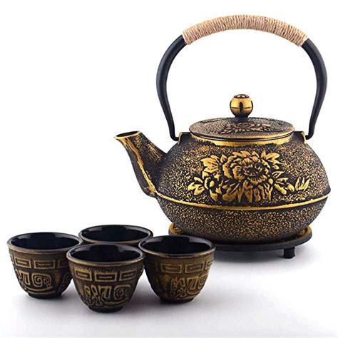 6-piece Japanese Cast Iron Pot Tea Set with Trivet, Golden Peony (40 oz) | Tea pots, Tea pot set ...