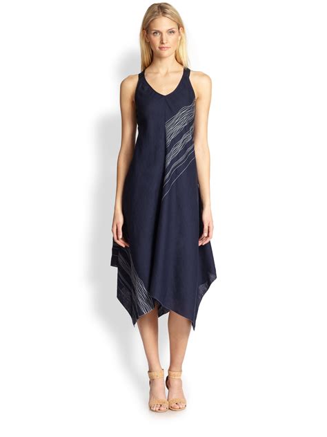 Lyst - Eileen Fisher Linen Embroidered Asymmetrical Dress in Blue