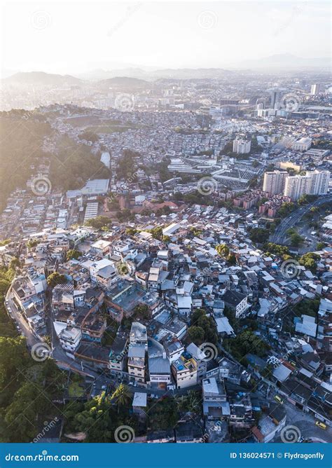 Rio De Janeiro City Aerial View. Favelas Hills. Sunset Backlight. from Above. Aerial Vertical ...