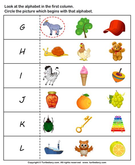 Letter Sounds G to L | Turtle Diary Worksheet