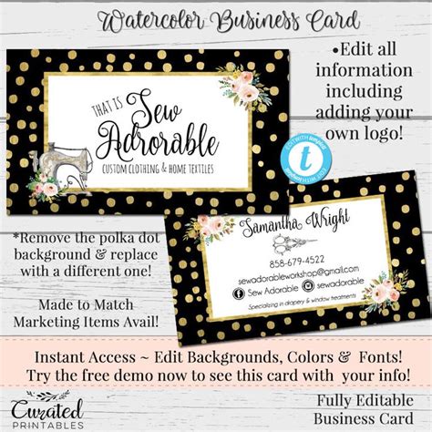 Sewing Business Card, Business Card, Watercolor Card Template, DIY Business Card, Instant ...