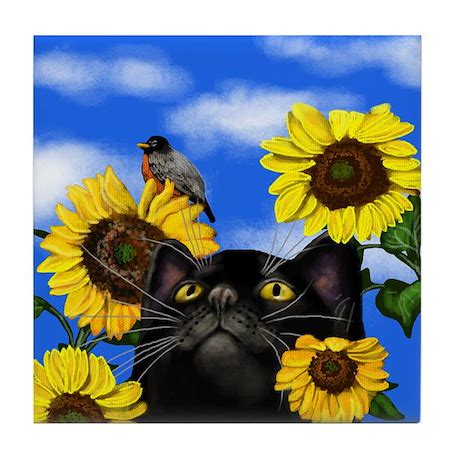 BLACK CAT SUNFLOWERS BIRD Tile Coaster by eva_designs