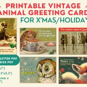 Printable Vintage Animals Christmas and Holiday Cards, Funny and Cute Christmas Card Set ...