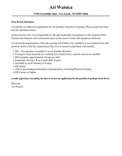 Garbage Truck Driver Cover Letter | Velvet Jobs