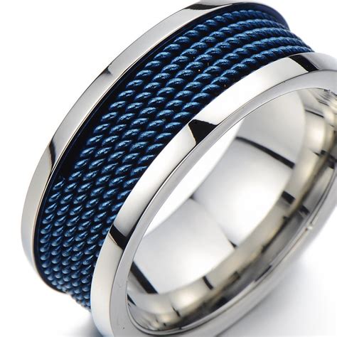 High Fashion Hot Design Cool Men Rings with Blue Steel Mesh Inlay Stainless Steel An Excellent ...