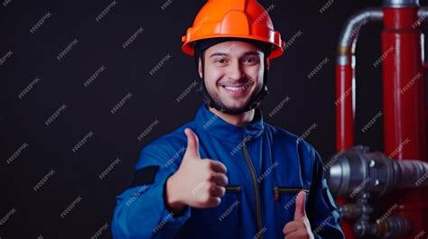 Premium Photo | Hilmet a male engineer in uniform and a helmet smiled and gave a thumbs up ...