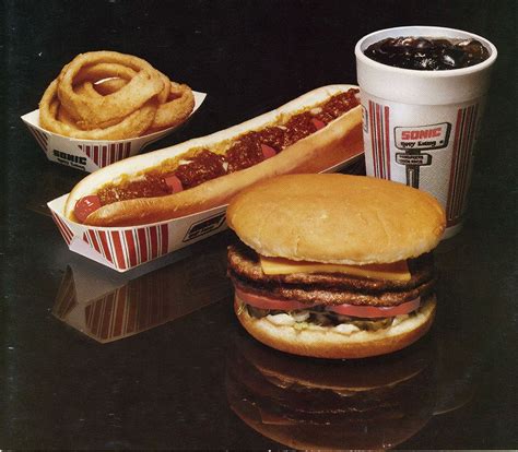 Sonic food circa 1980 incl. number 4 burger, footlong coney, onion rings and drink Vintage Menu ...