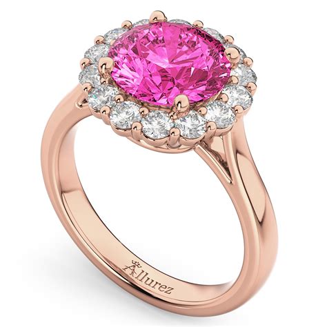 Halo Round Pink Tourmaline & Diamond Engagement Ring 14K Rose Gold 3 ...