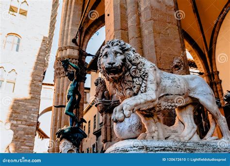 Beautiful Statue of Lion at Famous Loggia Dei Lanzi Stock Photo - Image ...