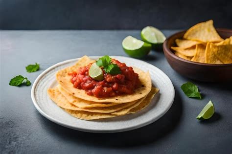 Premium Photo | A plate of nachos with chips and a bowl of chips.