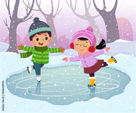 Vector illustration cartoon of cute boy and girl kids ice skating in winter snowy landscape ...