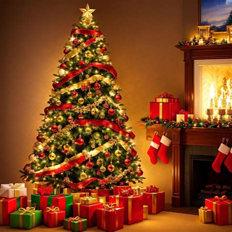 A christmas tree is surrounded by presents and a fireplace with a lit fireplace | Premium AI ...