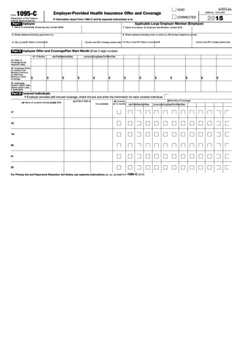 Fillable Form 1095-C 2015 - Employer-Provided Health Insurance Offer ...