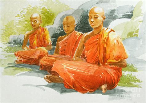 Meditating Monks Painting by Sarath Dissanayake