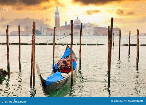 Gondola at Sunset Pier Near in Venice, Italy Stock Image - Image of ...