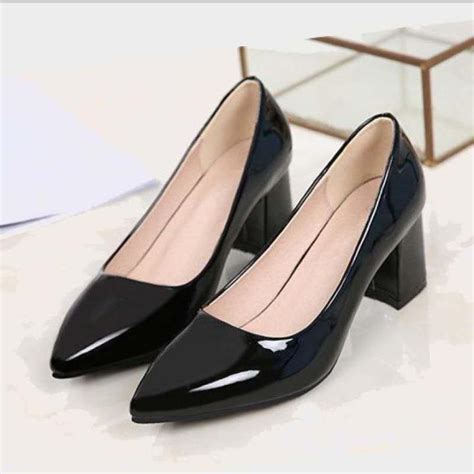 Fashion Office Formal Work Black glossy shoes Pointed toe Block Heels ...