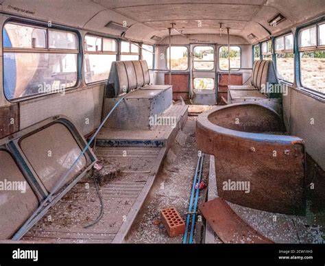 Interior of an old abandoned retro bus Stock Photo - Alamy