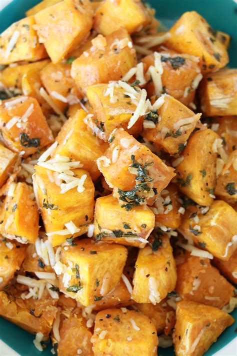 Baked Sweet Potato Cubes with Parmesan - Foxy Folksy