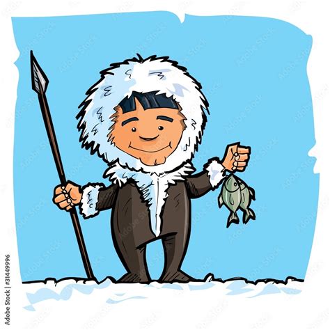 Cartoon eskimo with a spear and a fish Stock Vector | Adobe Stock