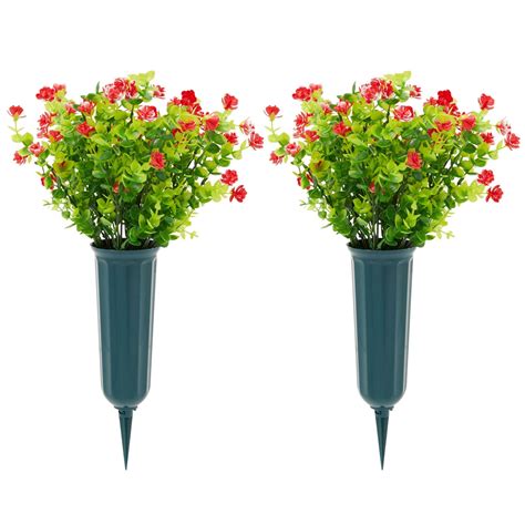 Red Artificial Flowers for Cemetery with 2 Cone Vases, Small Bouquets for Grave Decorations (8.6 ...