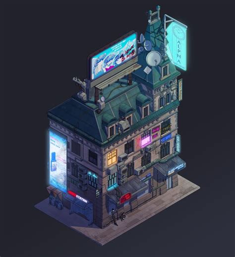 ArtStation - Cyberpunk building, Nikita Gritsun | Cyberpunk building, Cyberpunk house, Isometric art