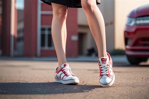 Premium Photo | A woman wearing red adidas sneakers stands on the street.